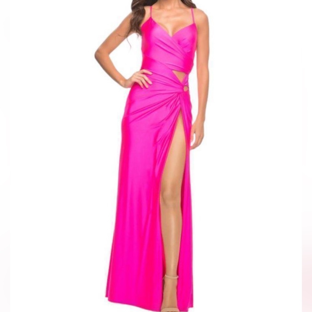 La femme pink prom dress side slit
